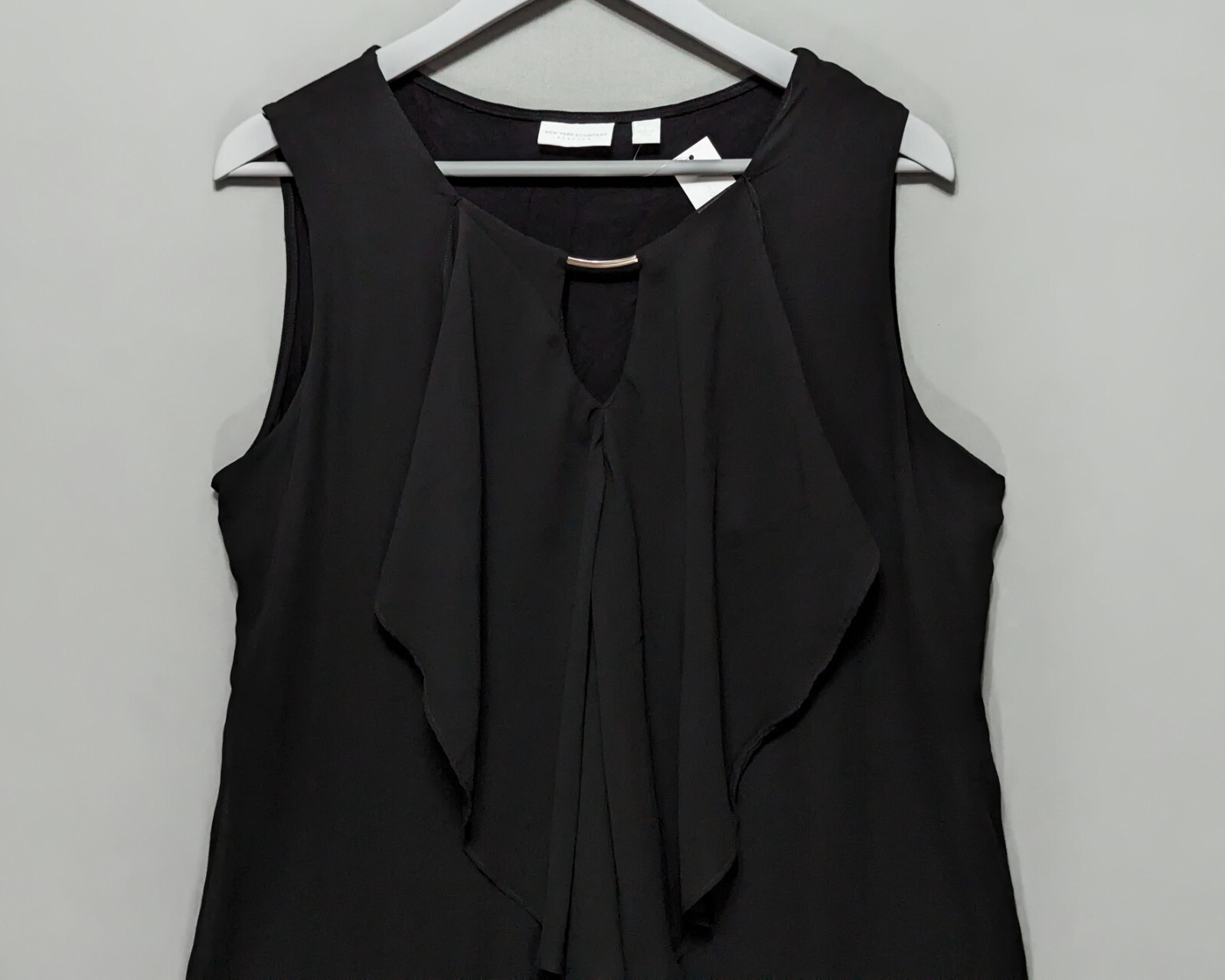 NY&Co Black Jersey Draped Chiffon Front Layer Top Metal Bar Keyhole Neck L
