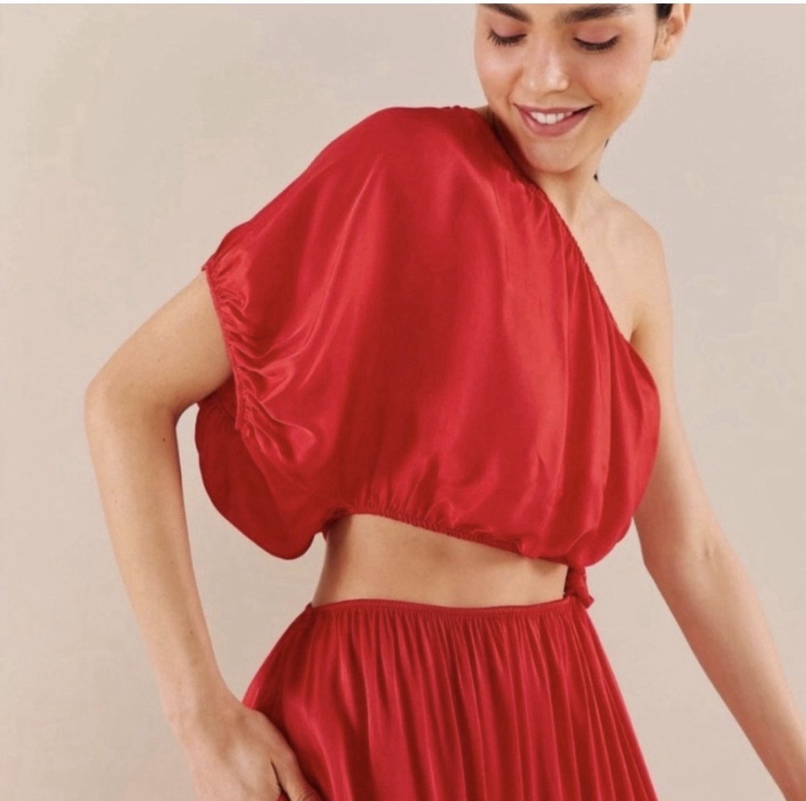 Farm Rio Women’s Red Satin One-Shoulder Crop Top & Maxi dress
