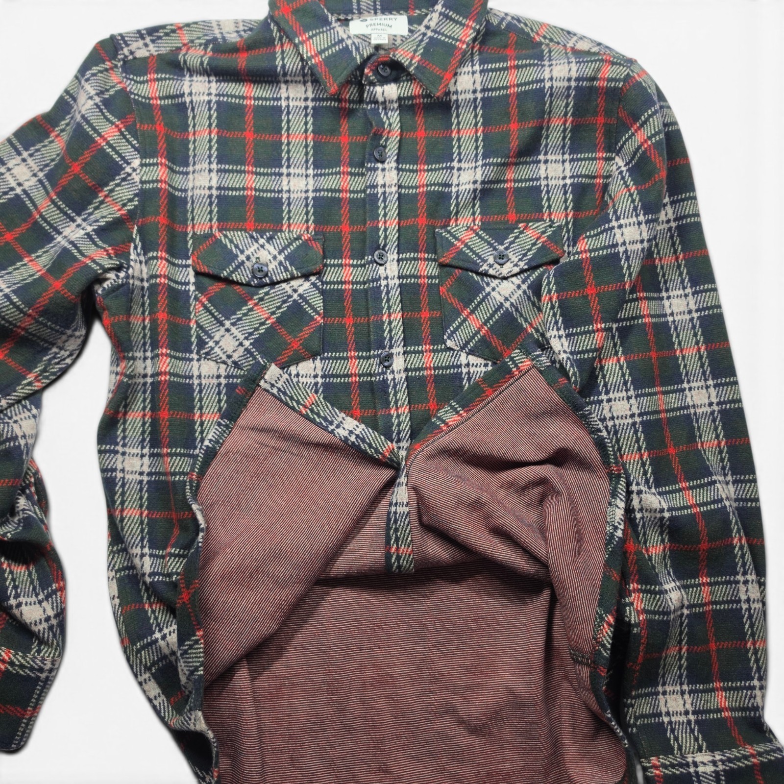 Sperry Plaid Flannel Shirt Men’s M Green Red Button Front 2 Pocket Stretch