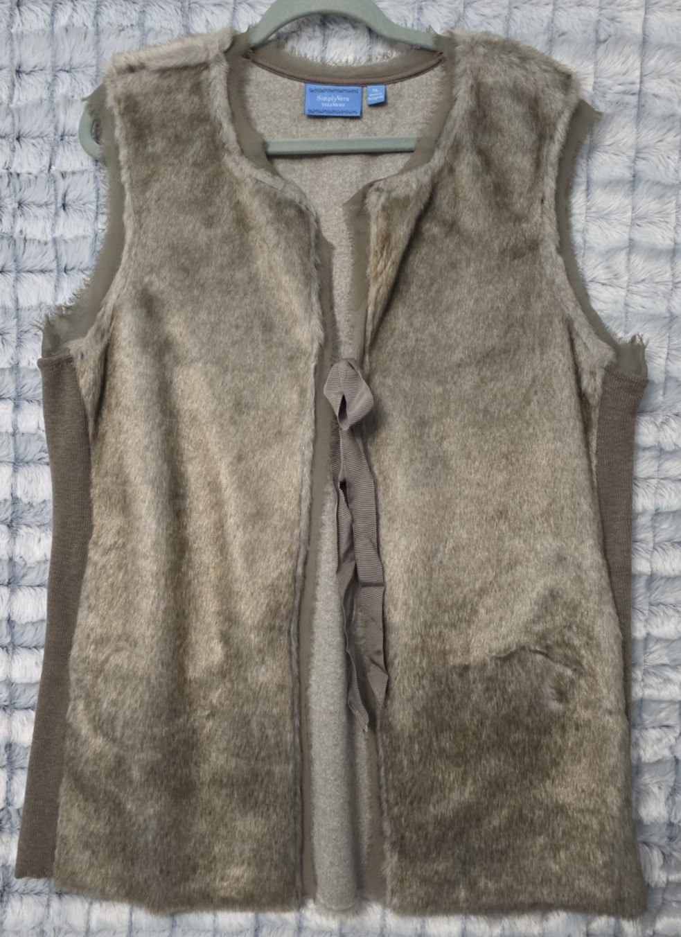 Simply Vera Wang Faux Fur Vest Ribbed Knit Sides Chiffon Trim Tie Front Size XL
