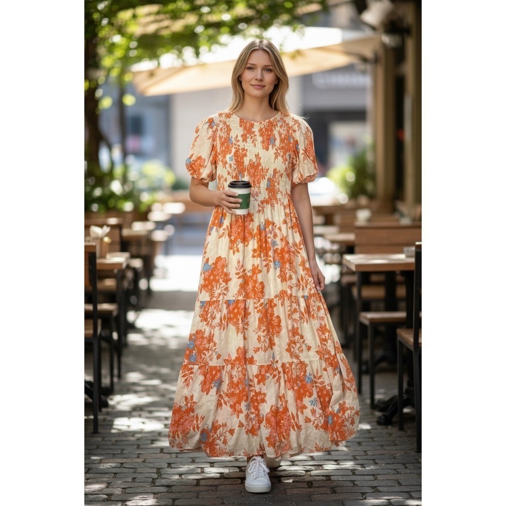 Zesica Floral Smocked Maxi Dress Orange Pink Tiered Flutter Sleeve Boho Size L