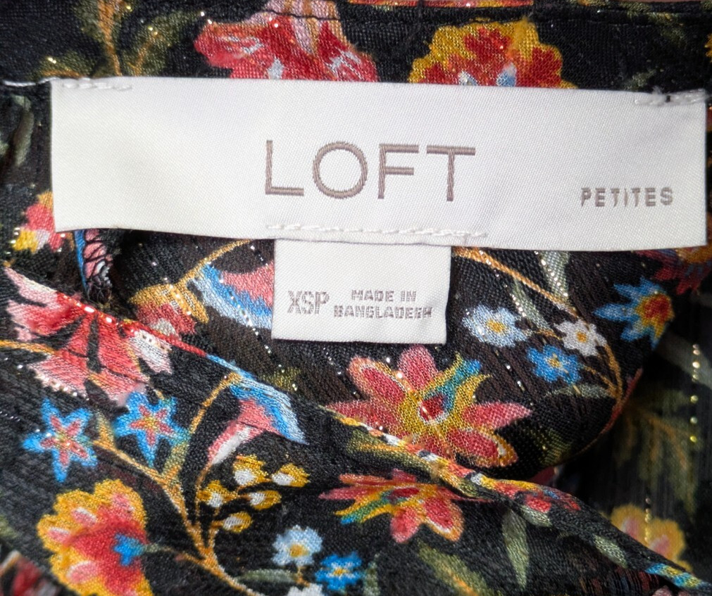 Loft Sheer Floral Blouse Flutter Sleeve Black Gold Shimmer PXS