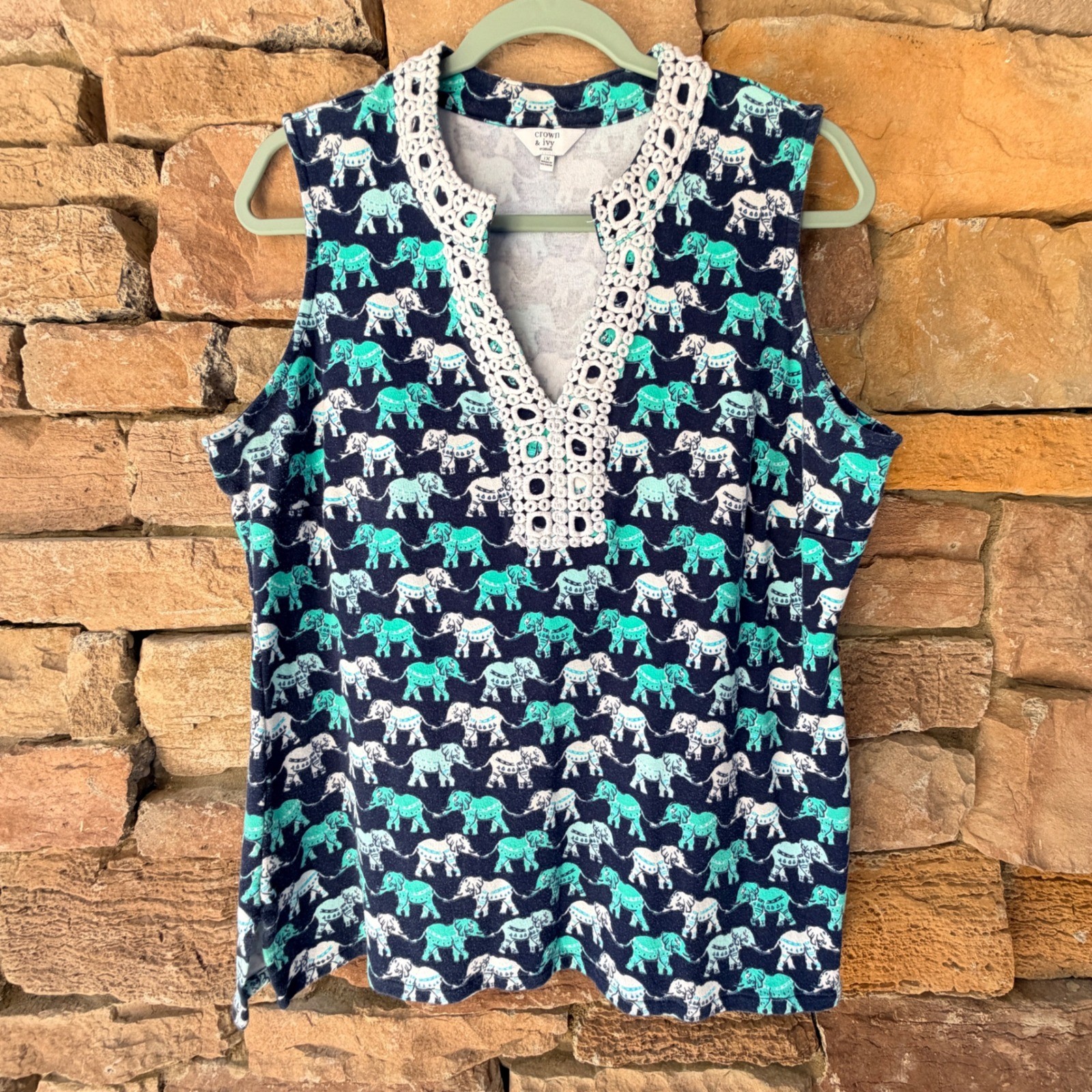 Crown & Ivy Womens 1X Sleeveless Top Elephant Print Crochet Lace Navy Teal