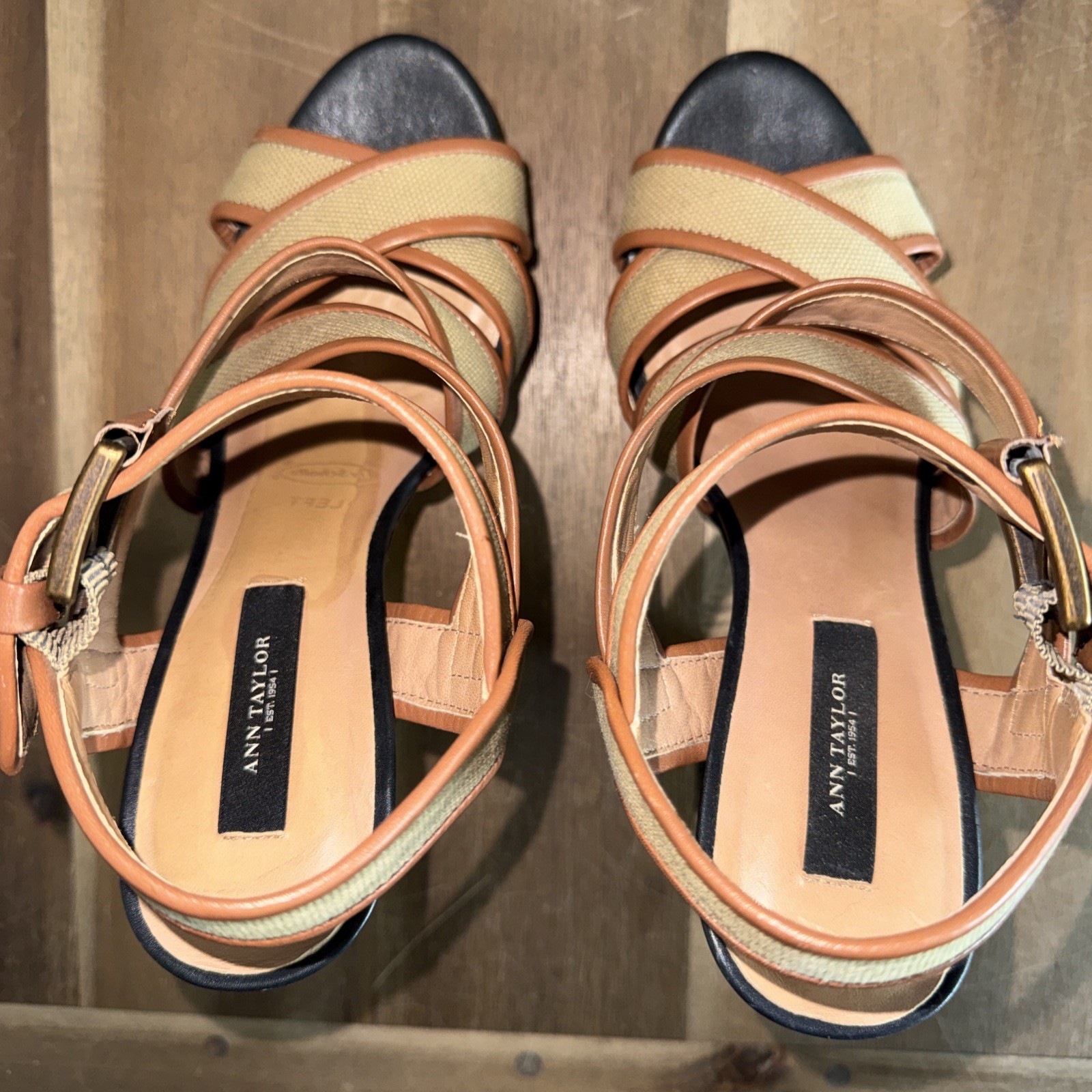 Ann Taylor Strappy Platform High Heel Sandals 7M Tan Safari Canvas Cone 5″ Heel