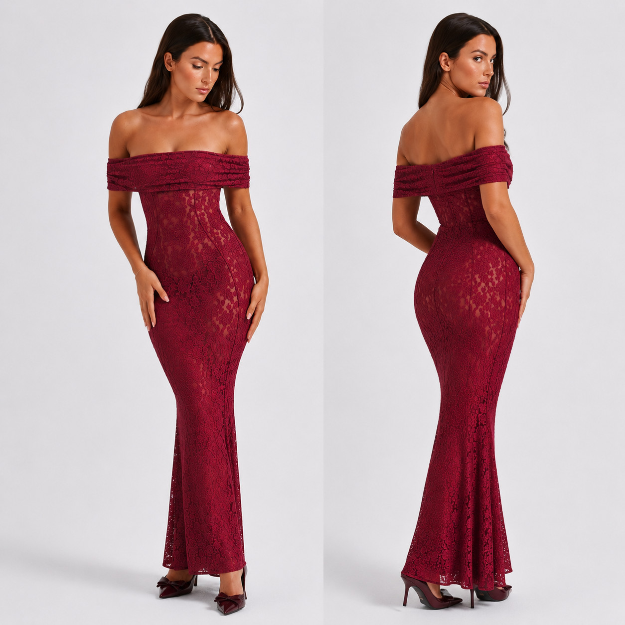Women’s Off Shoulder Lace Mermaid Maxi Dress Elegant Formal Prom Wedding Guest