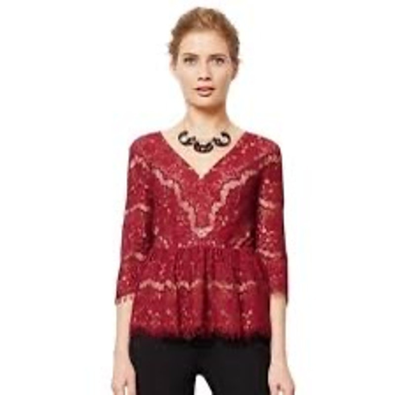 Maeve Anthropologie burgandy lace 3/4 sleeve peplum blouse – small