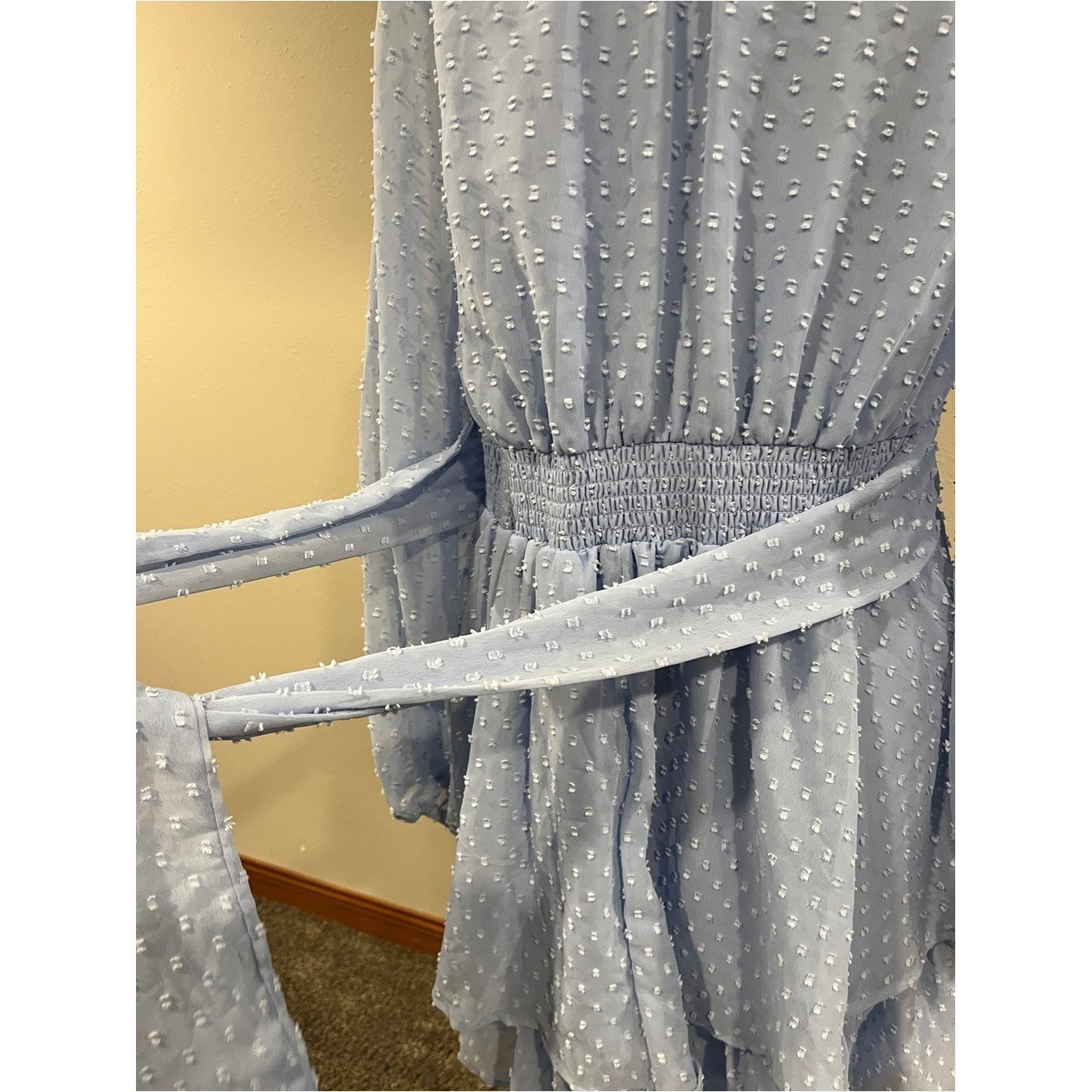 Japan Light Blue Swiss Dot long sleeves fake Wrap mini Dress size large