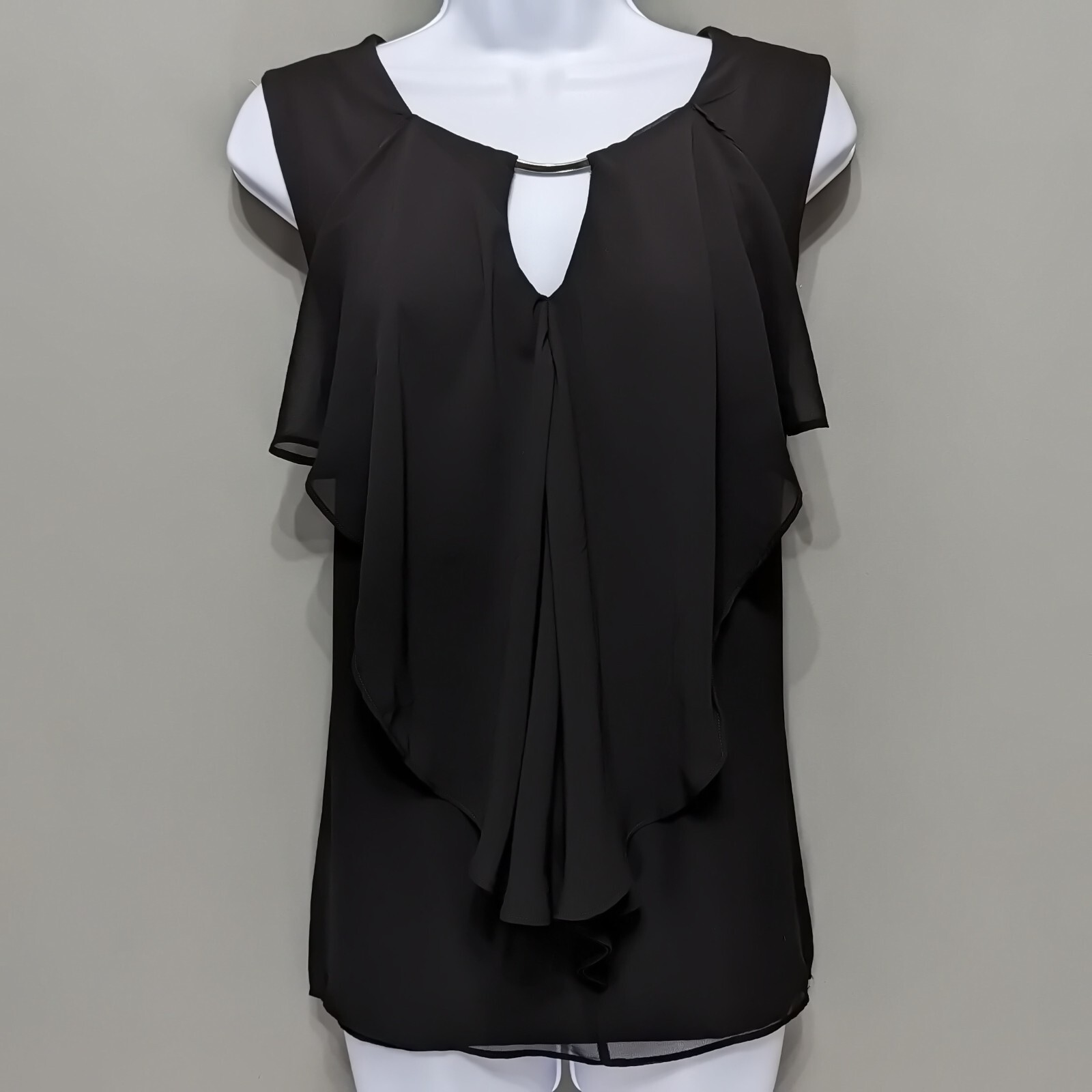 NY&Co Black Jersey Draped Chiffon Front Layer Top Metal Bar Keyhole Neck L
