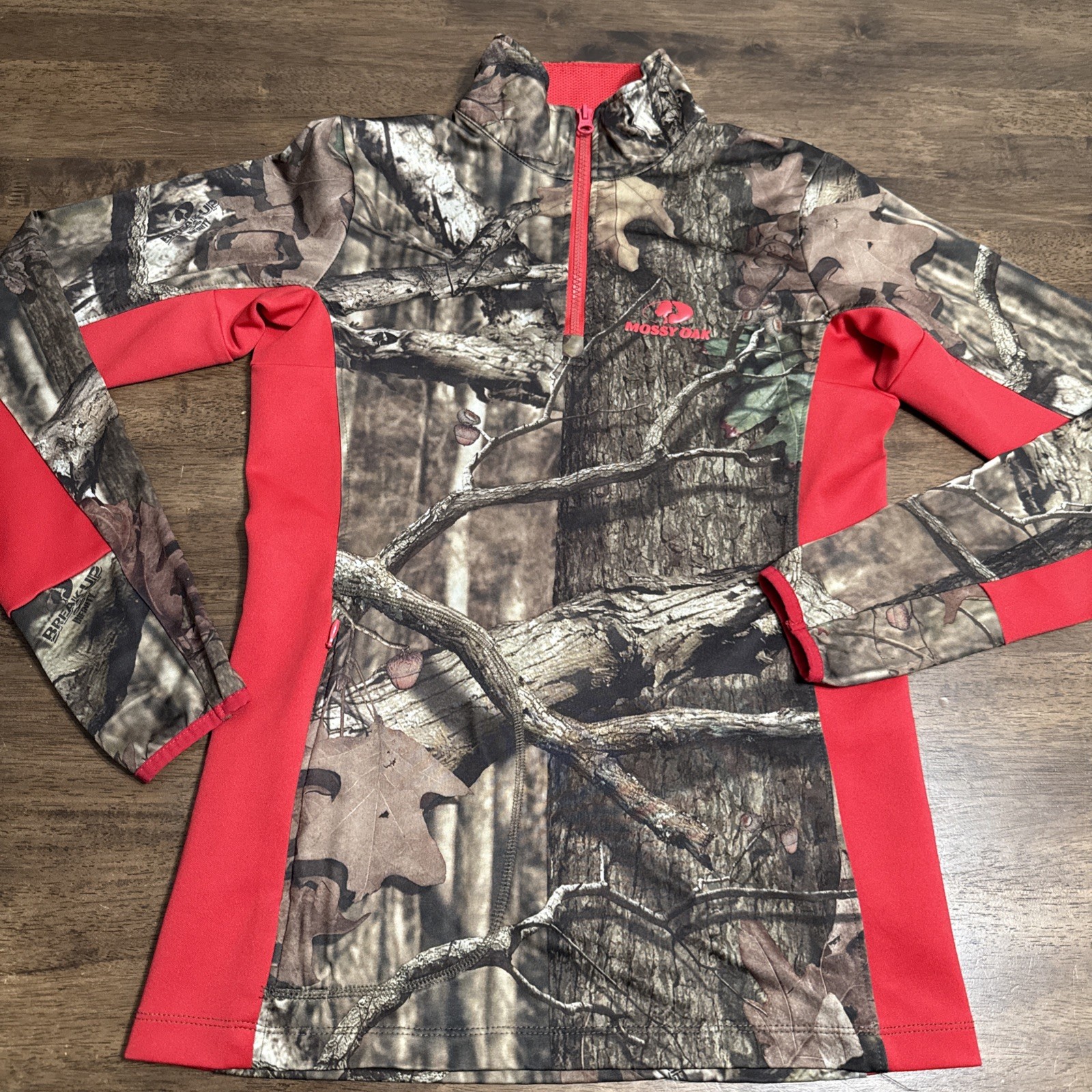 Mossy Oak Women’s 1/4 Zip Shirt Red Camo Long Sleeve Hunting Thumb Hole Small