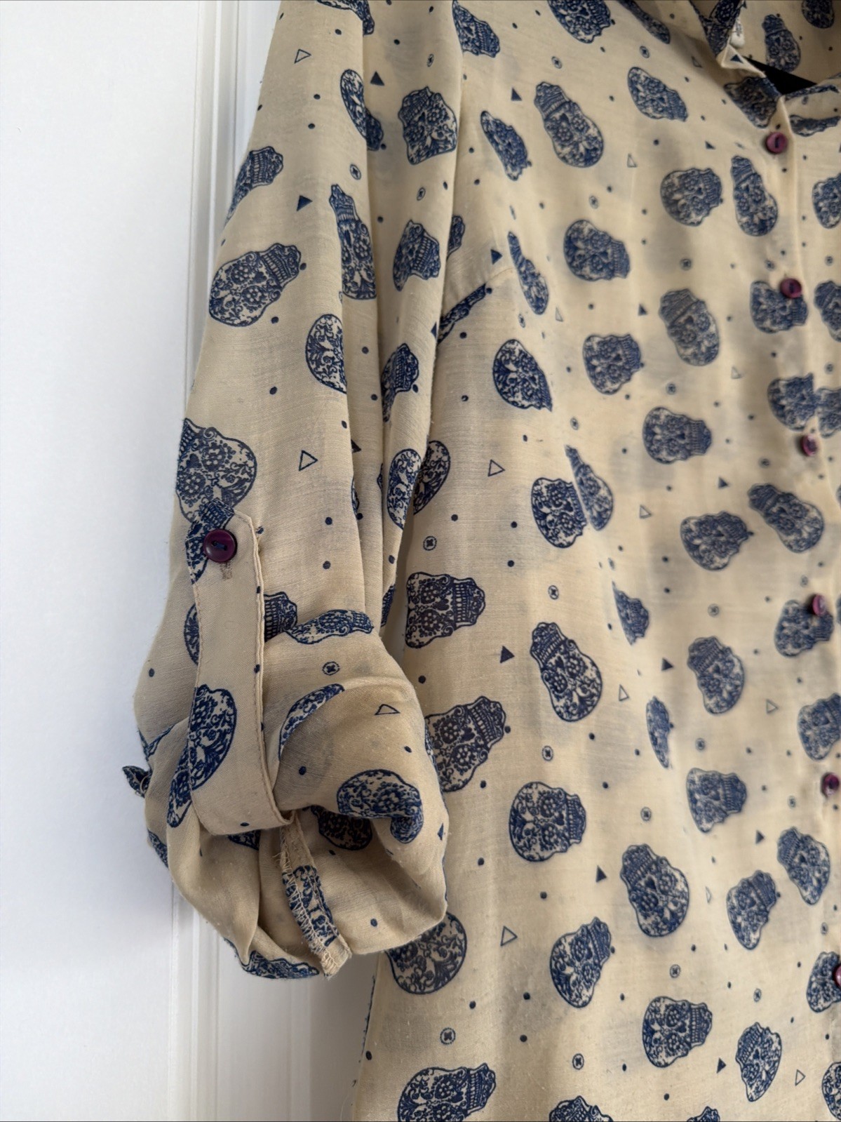 Stradivarius Sugar Skull Print Sheer Button -Down Shirt S