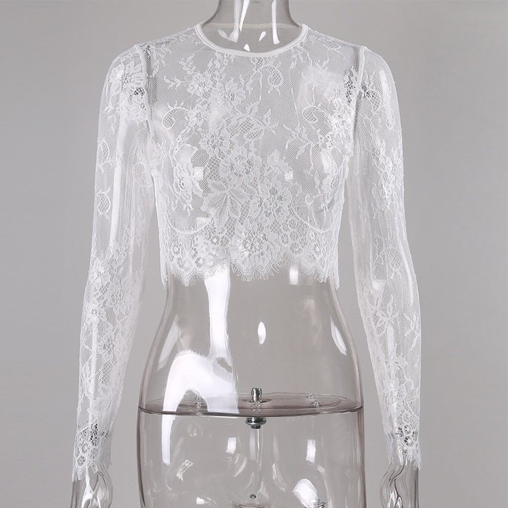 Trendy and Sexy Lace Mesh Sheer Crop Top with Long Sleeves Short Blouse
