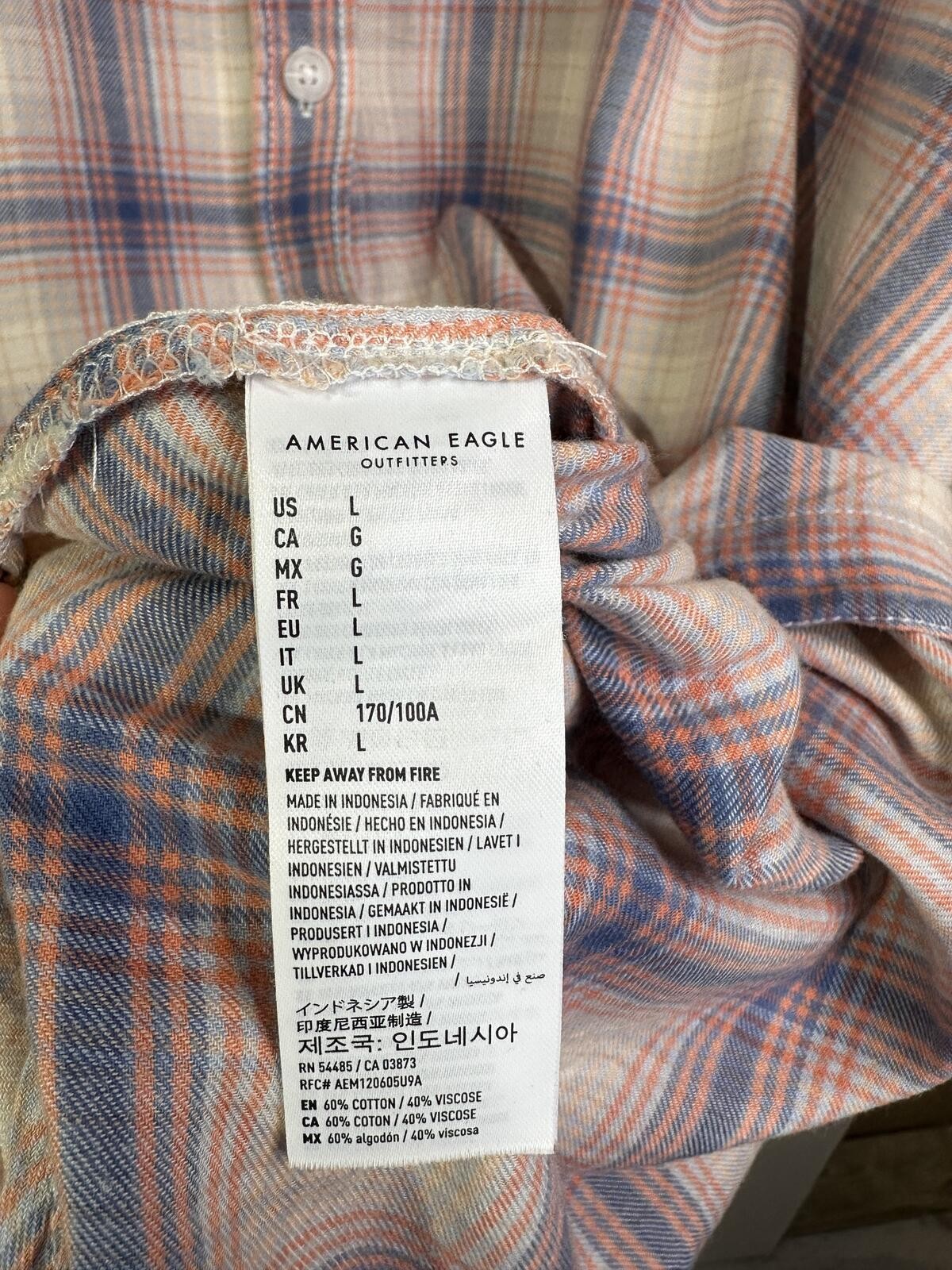 American Eagle Plaid Button Front Shirt Womens L Pink Blue High Low Roll Tab