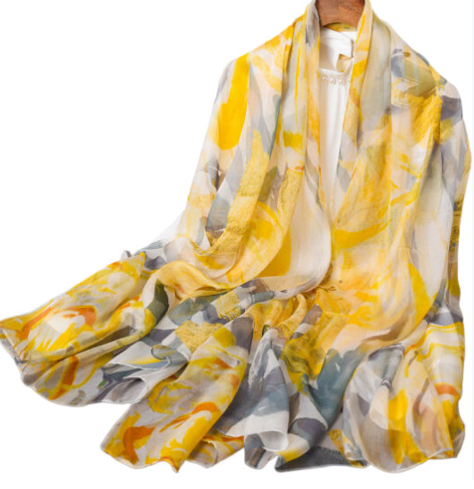 100% Silk large Scarf Women neckerchief Shawl Wrap floral yellow gray HD118-23