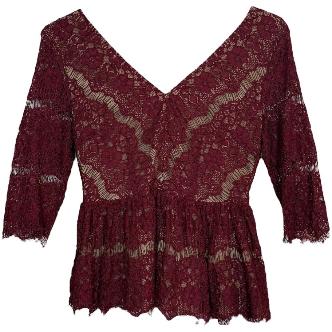 Maeve Anthropologie burgandy lace 3/4 sleeve peplum blouse – small