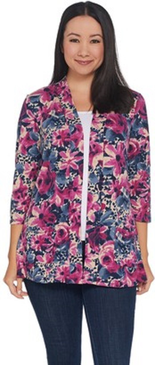 Denim & Co Brushed Heavenly Jersey 3/4 Sleeve Peplum Cardigan Raspberry Medium
