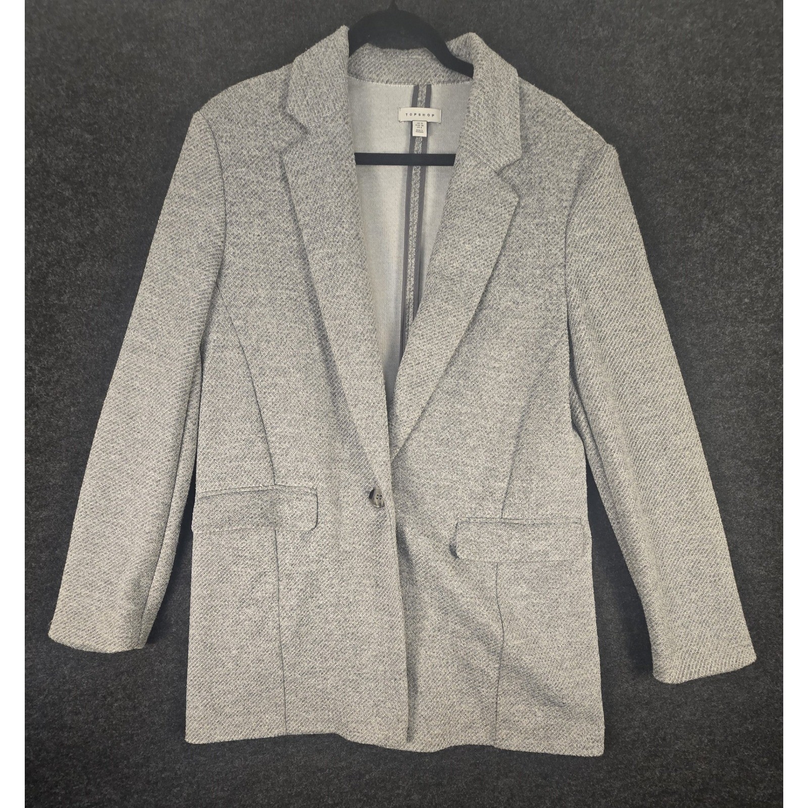 Topshop Gray Herringbone Knit Blazer Single Button Lapel Collar Women’s
