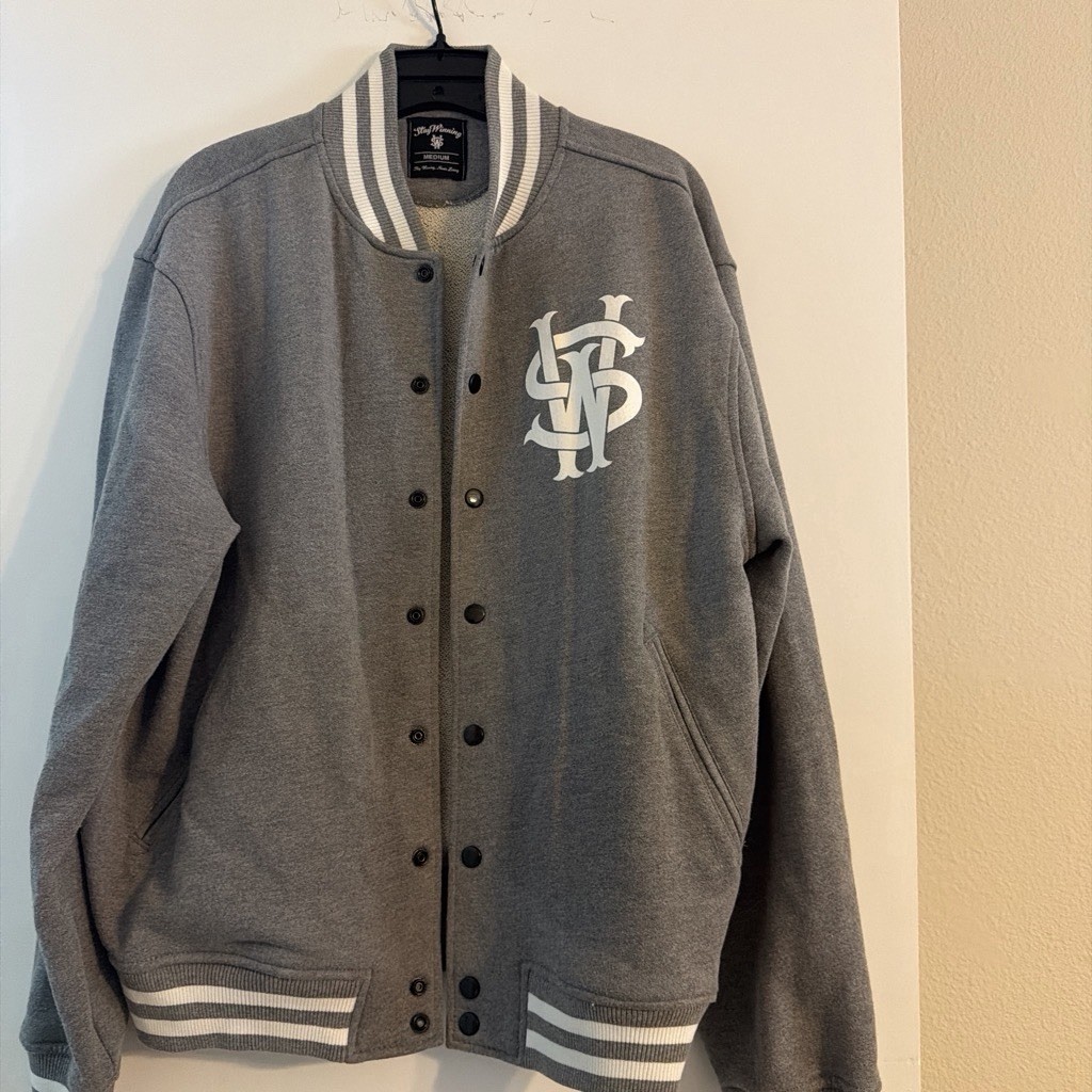 American Apparel Stay Gray Original Logo Script Gray and White Varsity Jacket