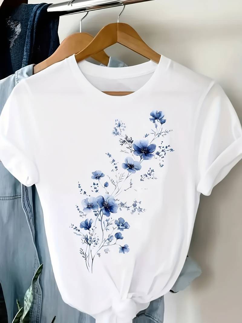 Women Floral Graphic T-Shirt Blue Flower Casual Crew Neck Short Sleeve Tee Top√
