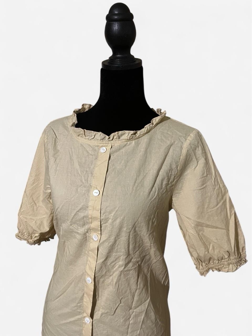 Zanzea Women’s Beige Solid Ruffle Round Neck Puff Sleeve Button Blouse Size M