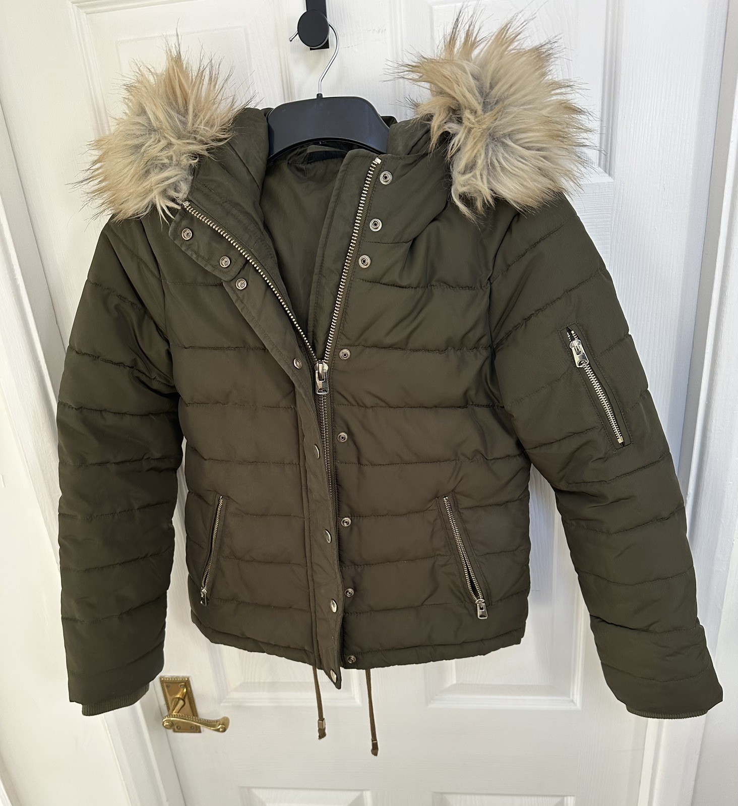 Topshop Khaki Green Thick Padded Puffer Jacket with Hood + Faux Fur Trim Size 8