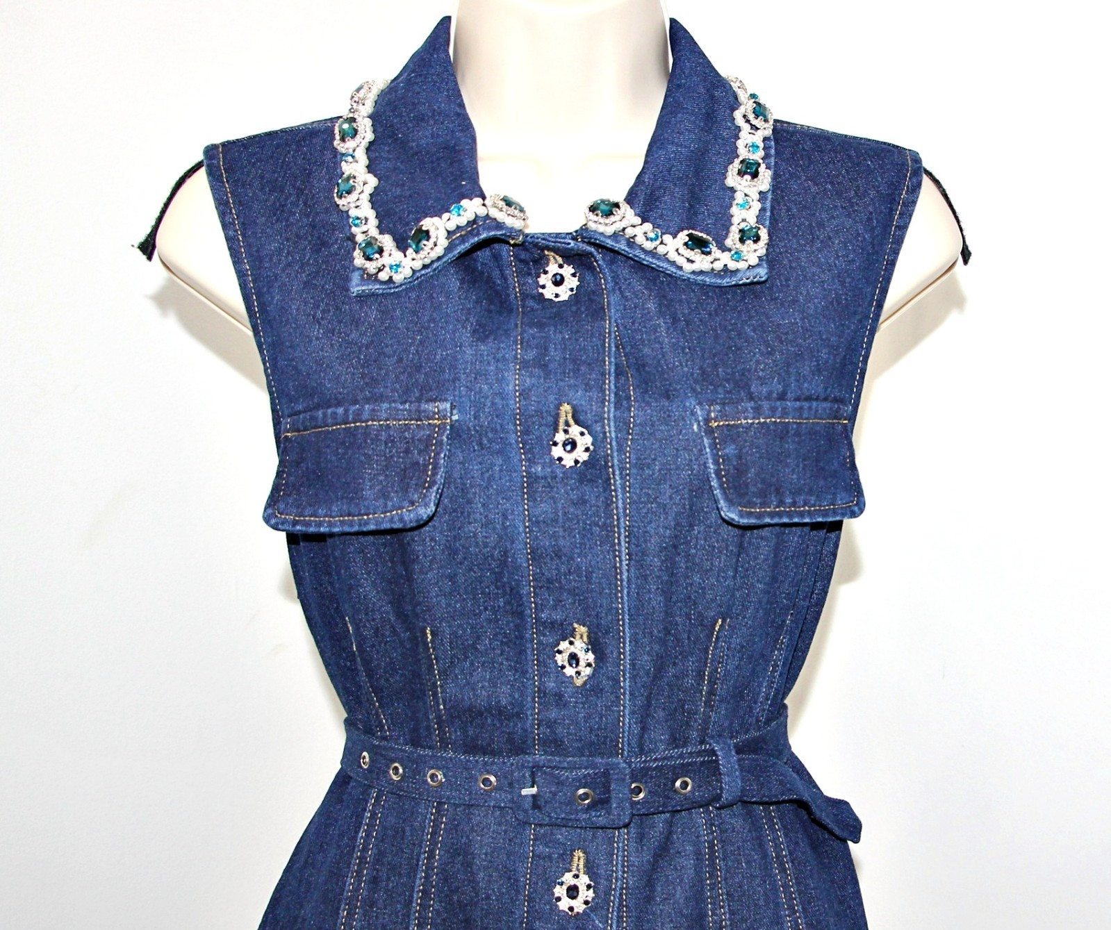 Dalia MacPhee Rhinestone Embellished Belted Tiered 56″ Long Denim Shirt Dress M