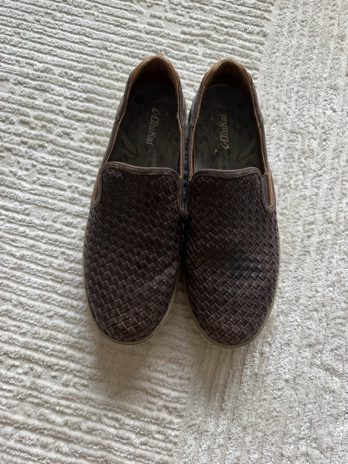 OluKai Lae’ahi Lauhala Mens 11.5 EU 44.5 Dark Wood Woven Leather Slip On Shoes