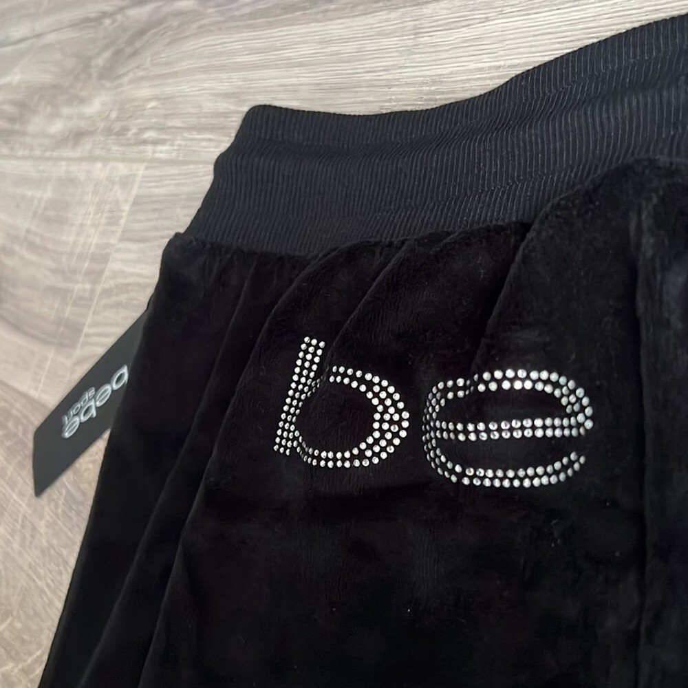 Bebe jogger sweatpant rhinestone Swarovski crystal logo on bum black velvet y2k