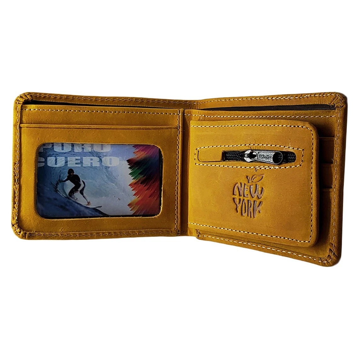 NWT New York City USA Men’s Mustard Multi Card ID Embossed Leather Bifold Wallet