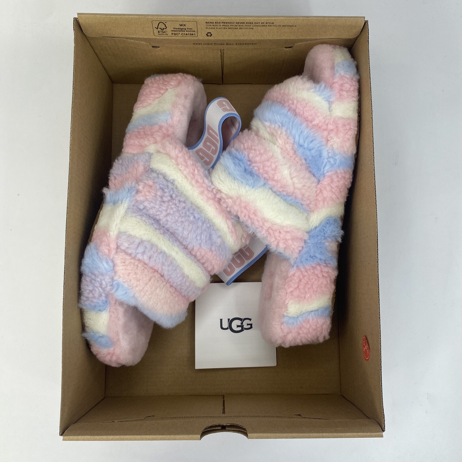 UGG W FLUFF YEAH SLIDE Slipper Cali Collage Women’s 9 Pink Blue White Stripe