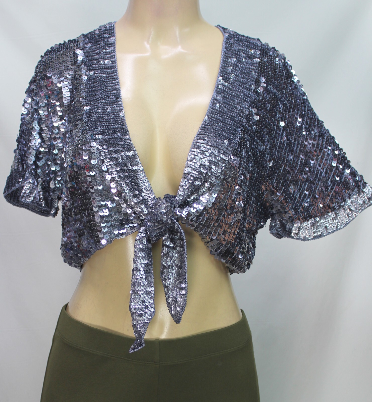 Kroshetta by Papillon Women’s Tie Up Shrug Short Sleeve Sequin Pewter Size L