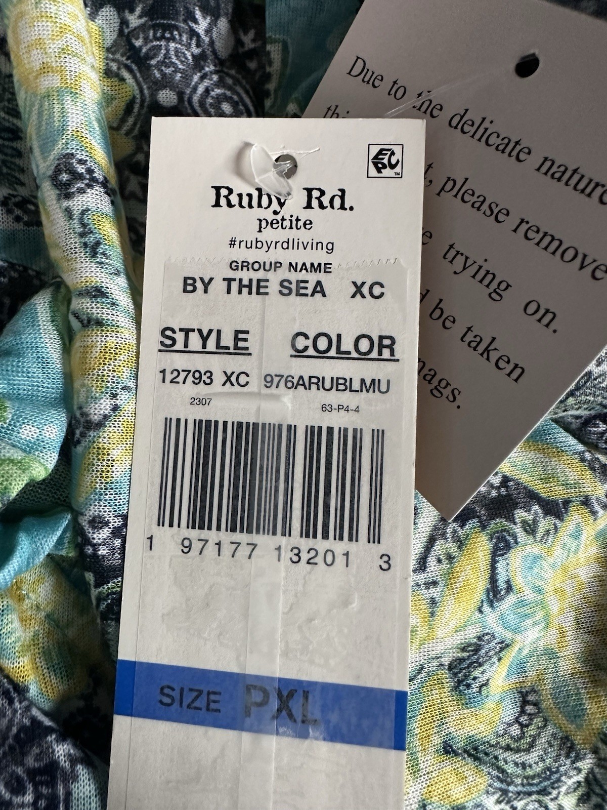 Ruby Rd Top Shirt Blouse Women PXL Petite 3/4 Bell Sleeve Embroidered Green Blue