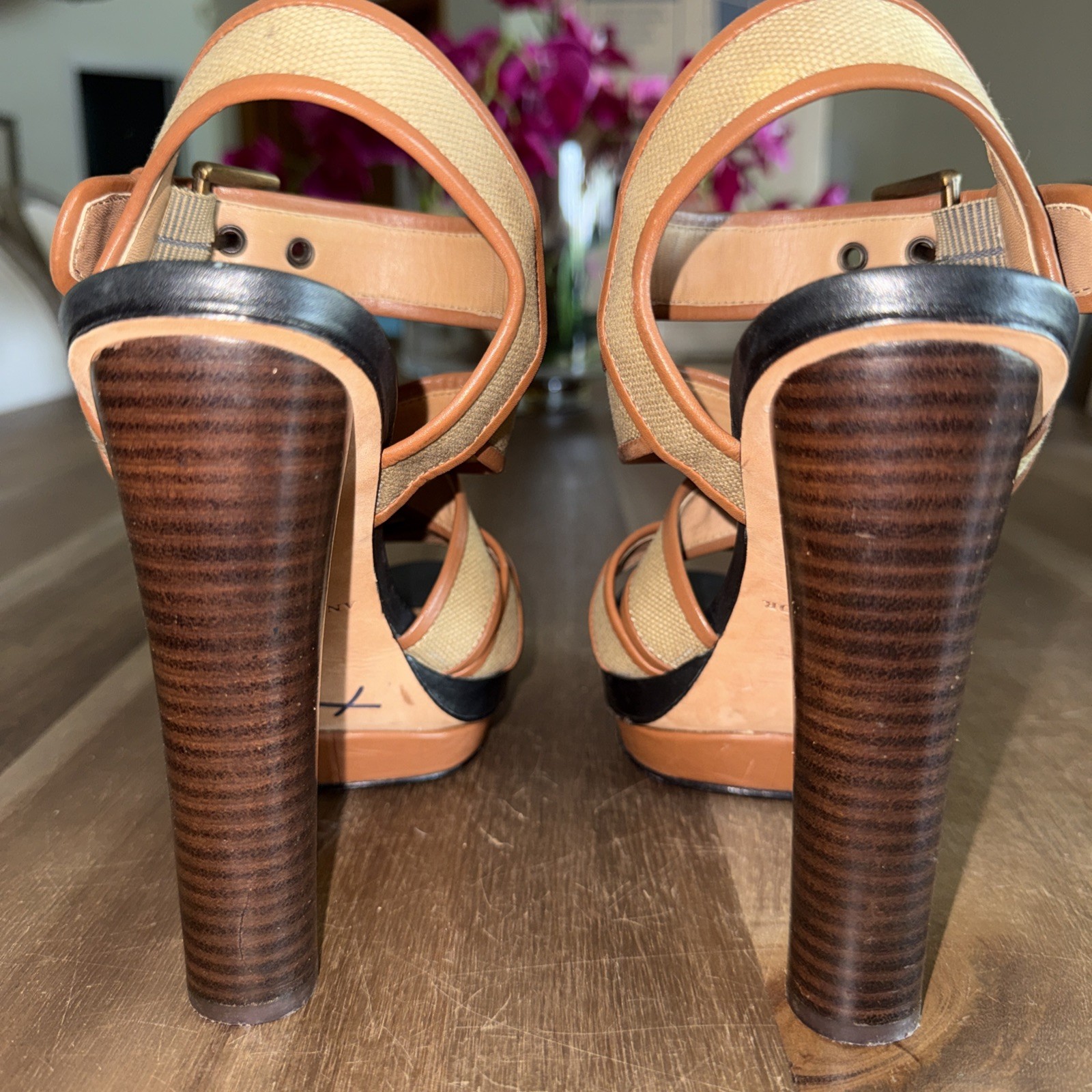 Ann Taylor Strappy Platform High Heel Sandals 7M Tan Safari Canvas Cone 5″ Heel
