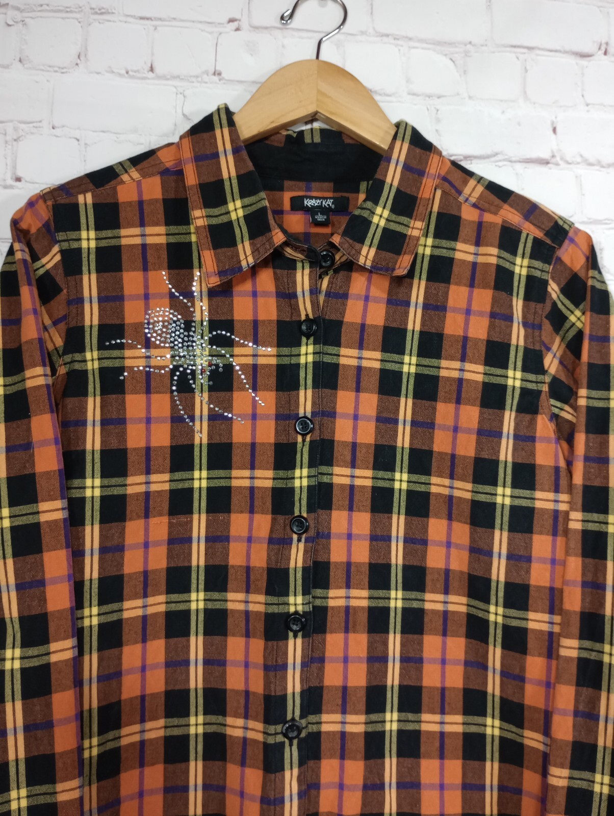Krazy Kat Halloween Button Front Rhinestone Spider Shirt Women’s Size L