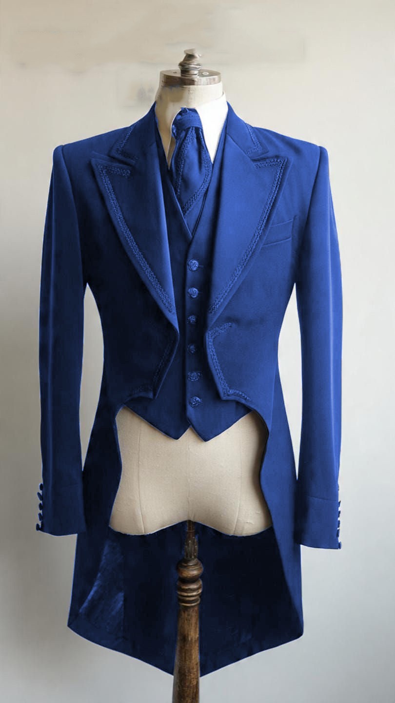 3Pcs Mens Suit Dinner Evening Tailcoat Peak Lapel Tuxedos Blazer Business Jacket