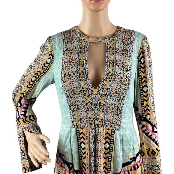 Free People Tegan Border Printed Mini Dress Size 2 Blue Combo