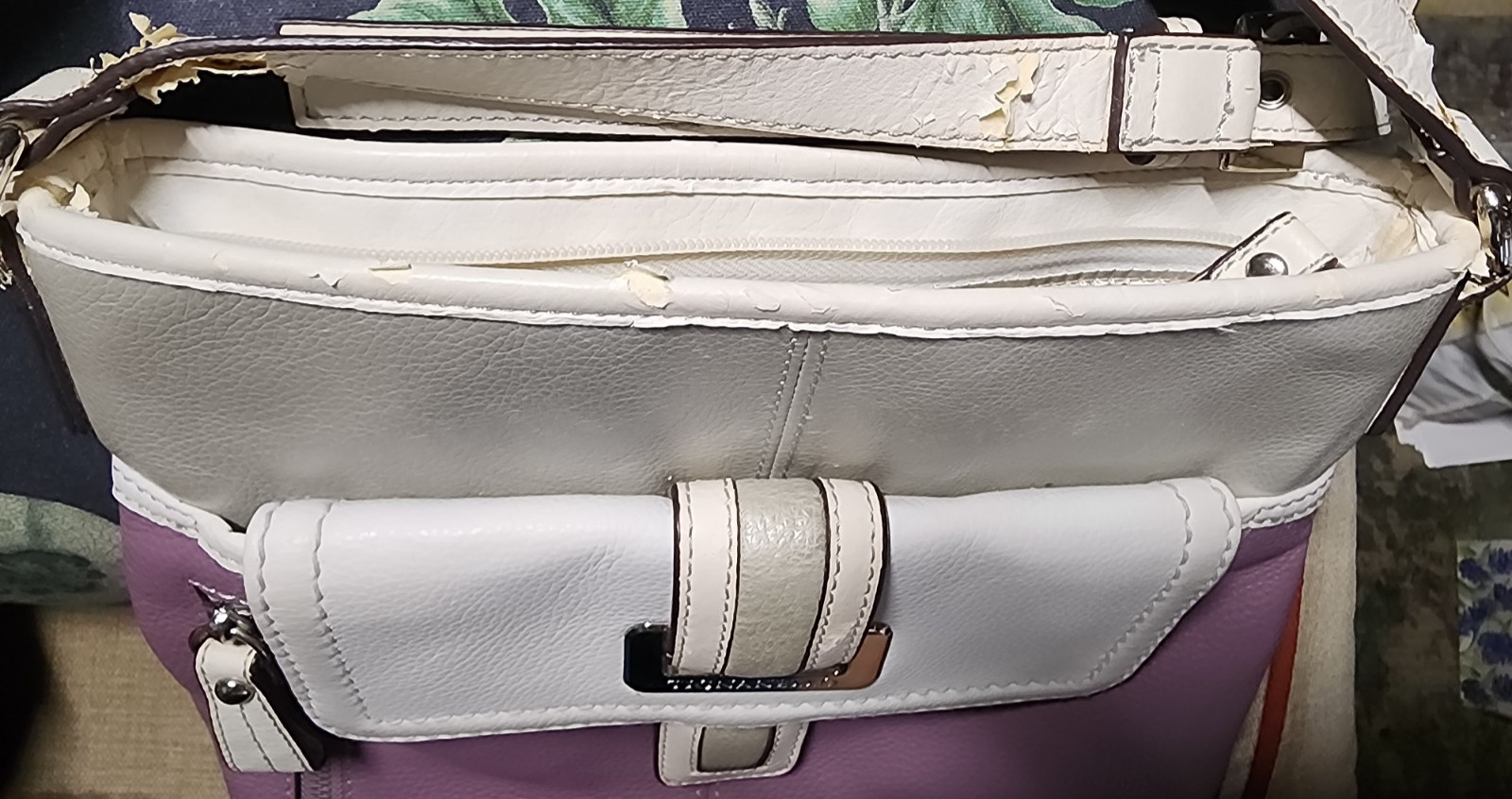 * UNIQUE * Tignanello Colorblock Leather Crossbody: Purple, White/Stone, Silver