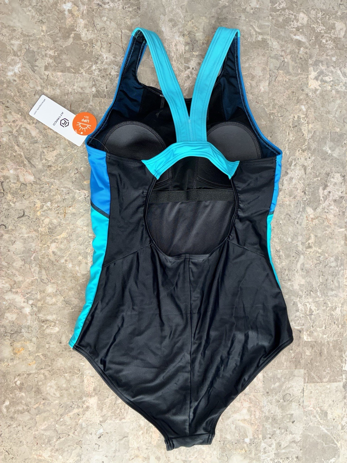 Attraco Athletic One Piece Sporty Swimsuit Size Small – Black Blue UPF 50+