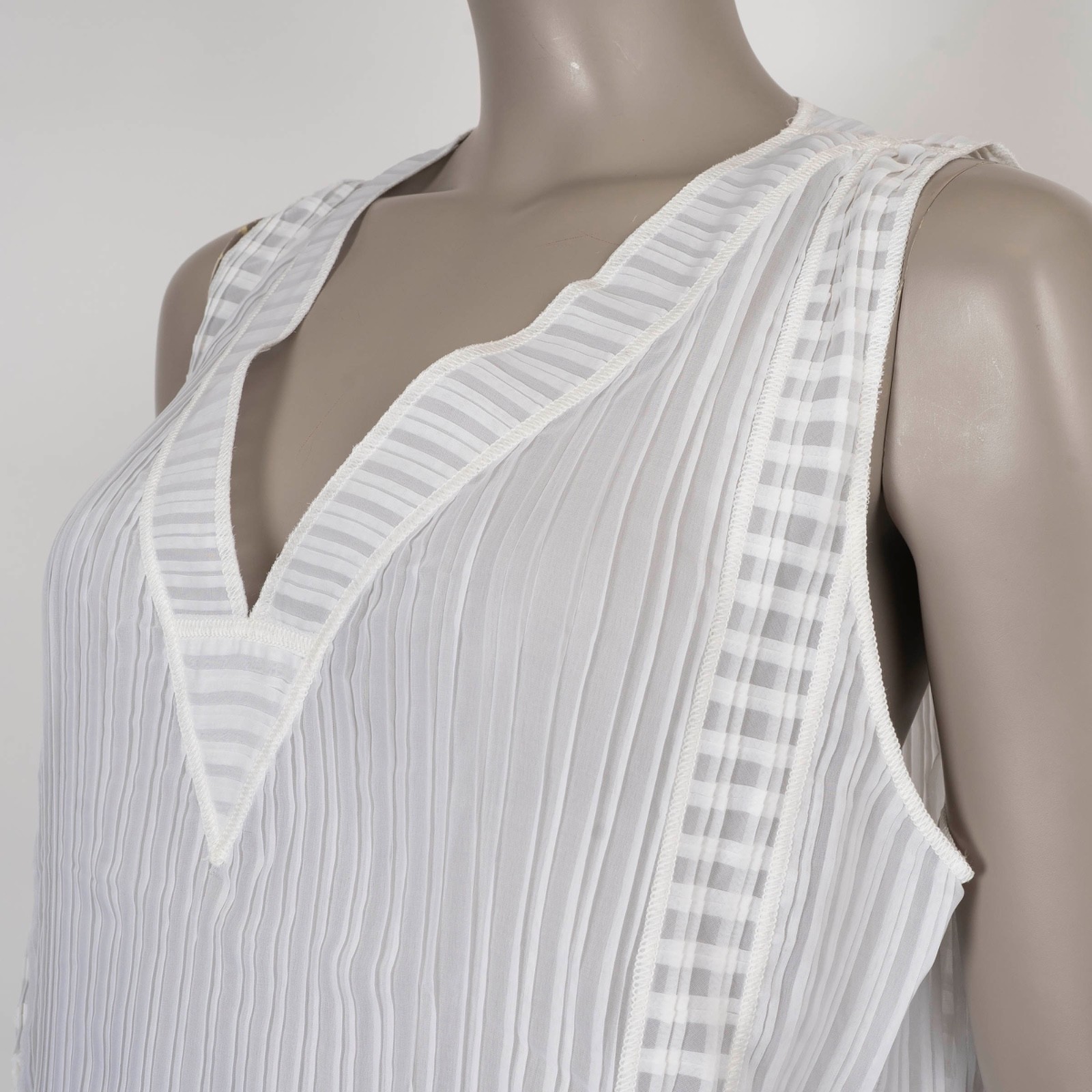 73766 auth CHANEL white silk 14P STRIPED SEMI SHEER Tank Top Shirt 42 L