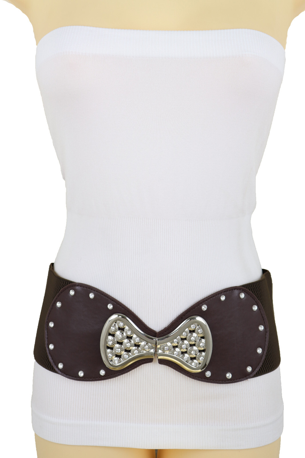 Women Dark Brown Tone Wide Elastic Belt Bling Silver Ribbon Bow Tie Buckle S M