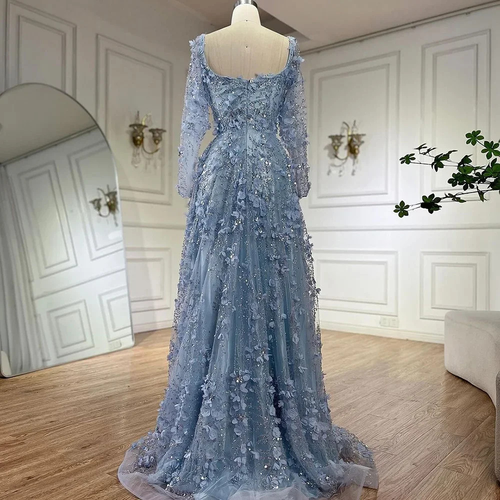 3D Floral Sequin Tulle Evening Gown Square Neck Formal Prom Dresses