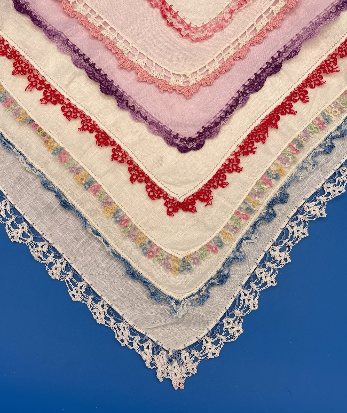 Vintage Handkerchiefs in Multicolored Tatting Trim Lot of 7 Unwashed Untreated