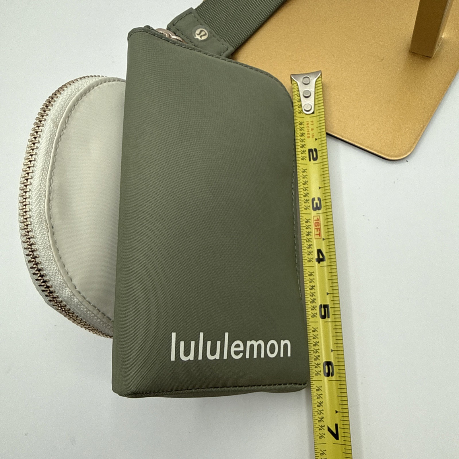 Lululemon Dual Pouch Wristlet Full Size Bayleaf Ivory Gold Hardware NWT