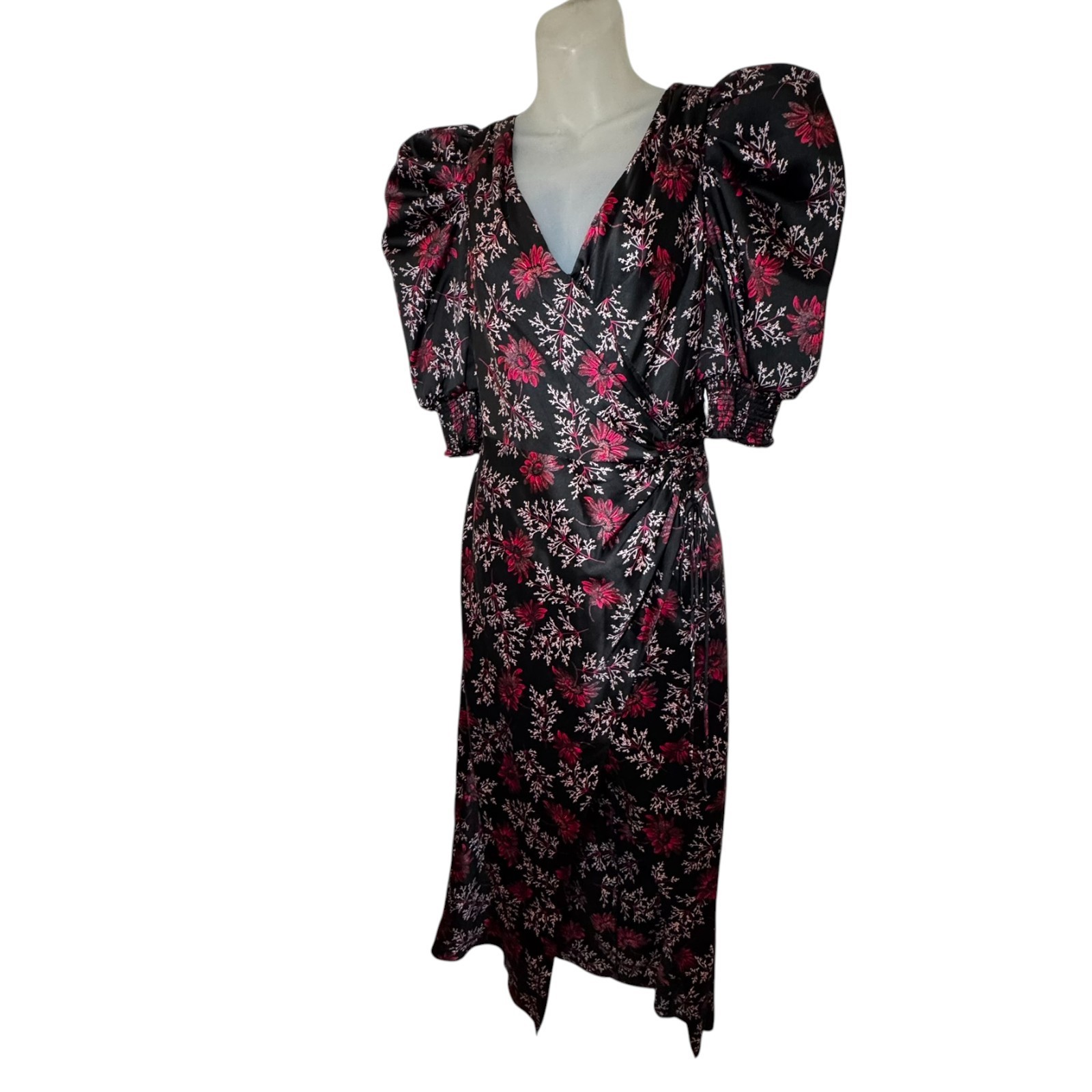 Cinq A Sept Tumbled Daisy Kacy Wrap Dress Raspberry Size 4 Puff Sleeve $425