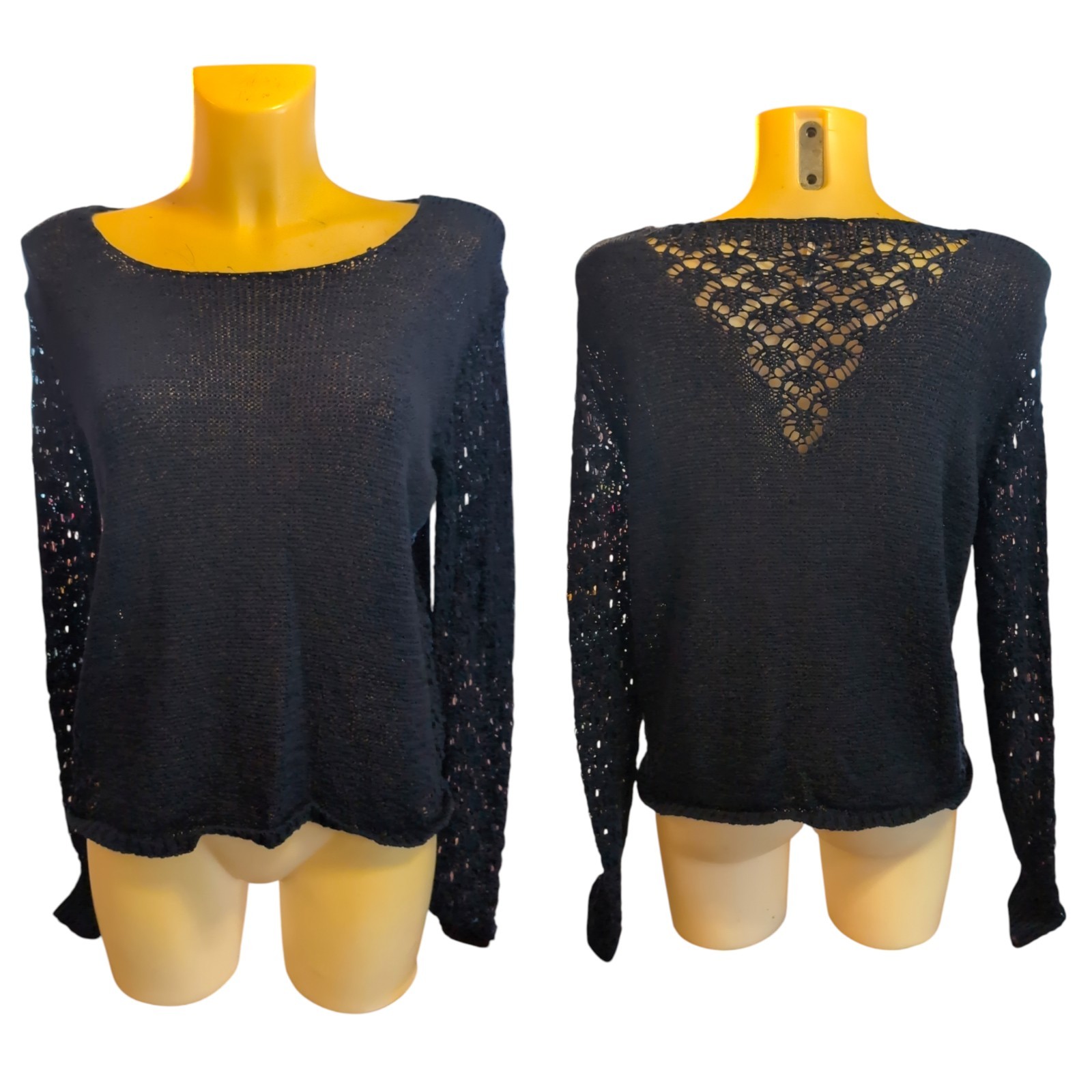 Aeropostale Solid Navy Knit Pull Over Sweater With Crochet Lace Sleeves Size M