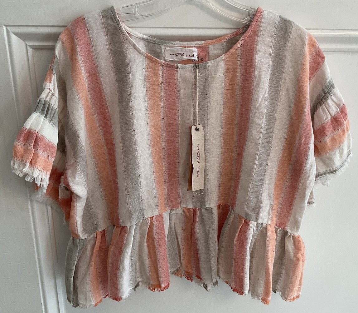 New (NWT) MUSTARD SEED Short Sleeve, Ivory, Sage Multi Stripe TOP; Size Medium