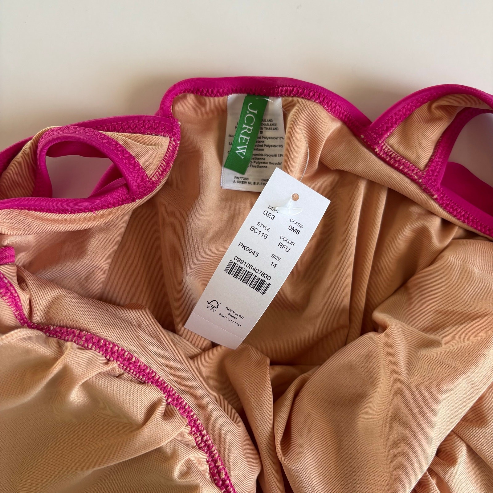 J.Crew Radiant Fuchsia Ruched V-Neck One Piece Swimsuit Women’s Size 14 NWT