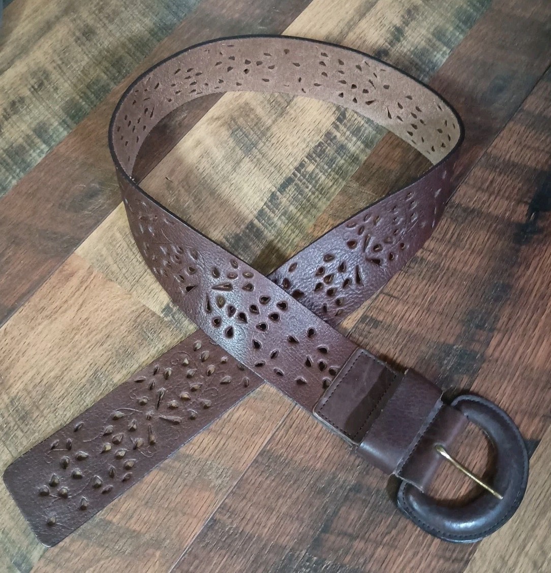 GENUINE LEATHER BROWN BOHO CUTOUT 2.25″ WIDE FULLY ADJUSTABLE BELT SIZE M