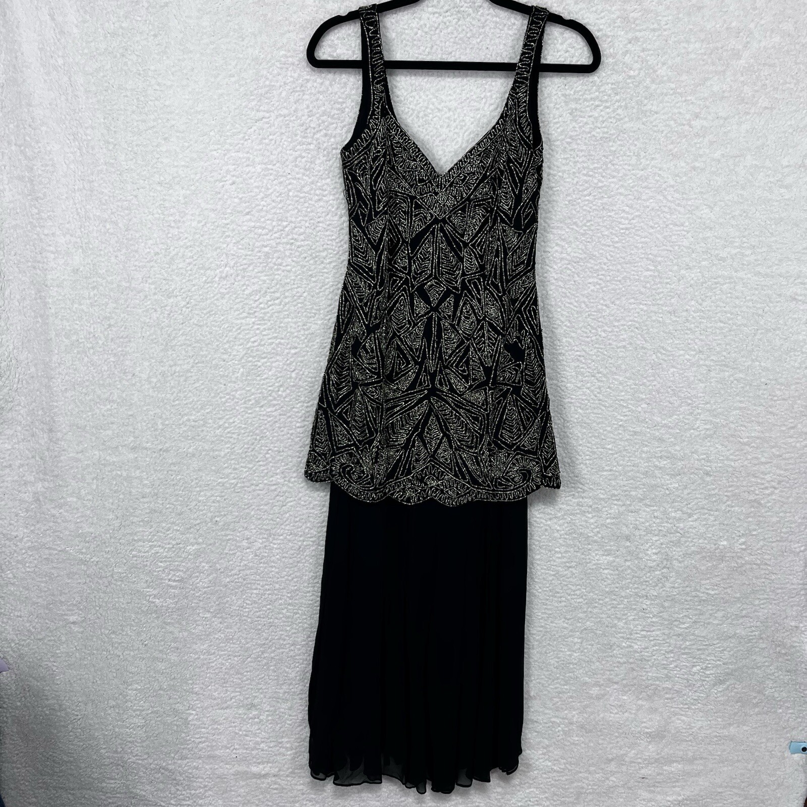VTG Carmen Marc Valvo Dress Womens 10 Black Gold Piping Silk Holiday Cocktail