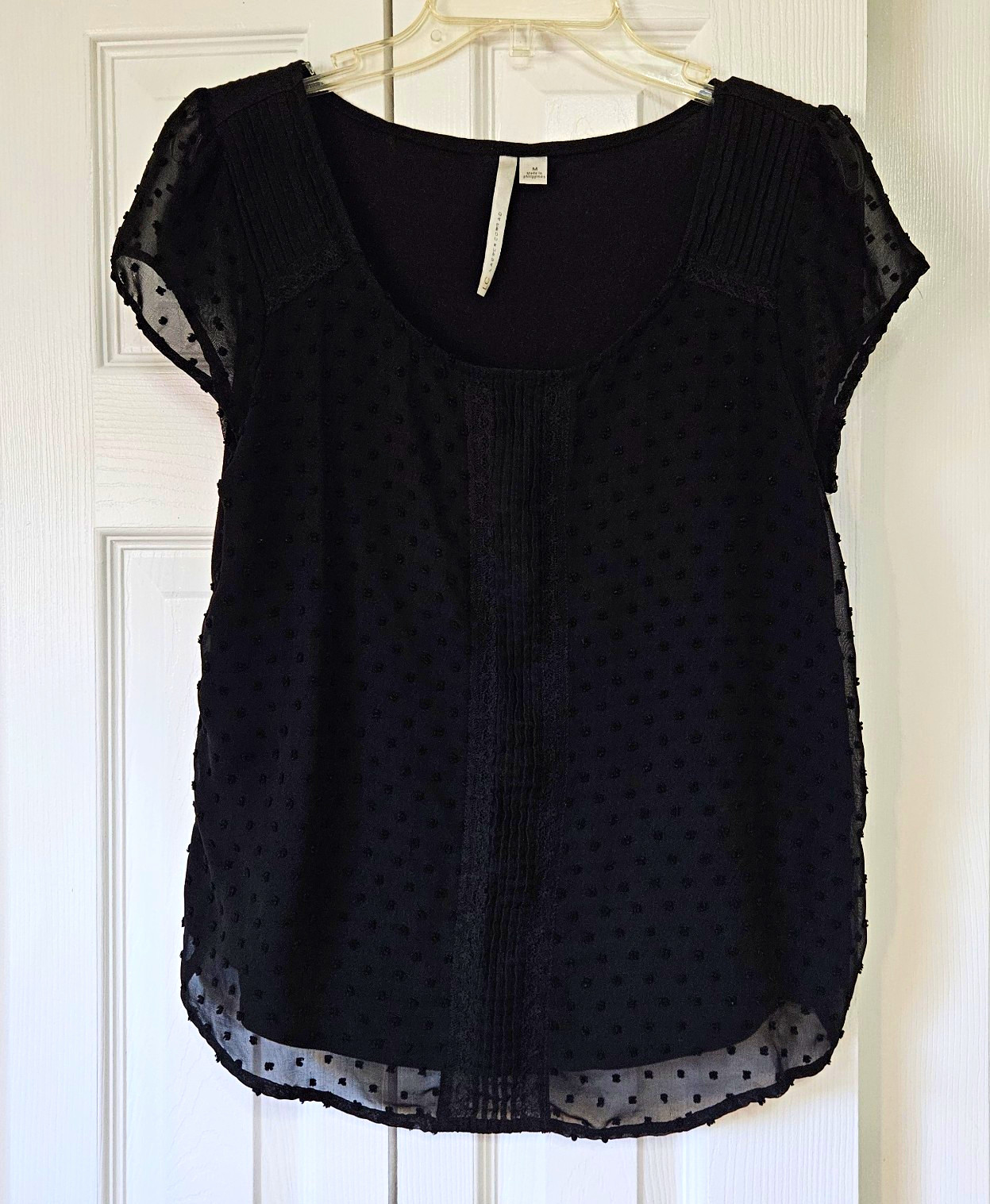 LC Lauren Conrad Black Polka Dot Chiffon Lace Cap Sleeve Blouse M