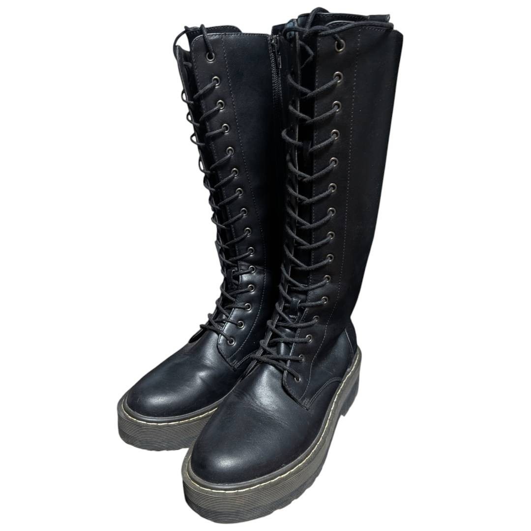 No Brand 15-Hole Platform Lace-Up Boots Side Zip Black 23.5cm Super Excellent
